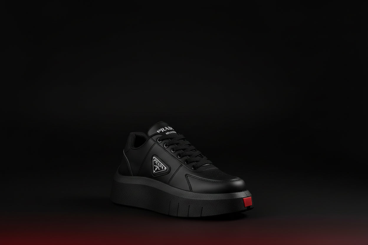 Pair of black sneakers with a brand logo on a dark background